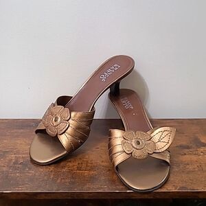 Franco Sarto Gold Kitten Heeled Slides with Floral Accent size 9